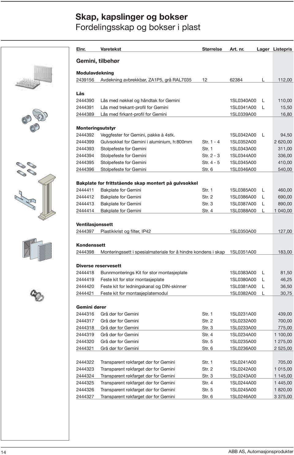 trekant-profil for Gemini 1SL0341A00 L 15,50 2444389 Lås med firkant-profil for Gemini 1SL0339A00 16,80 Monteringsutstyr 2444392 Veggfester for Gemini, pakke à 4stk.