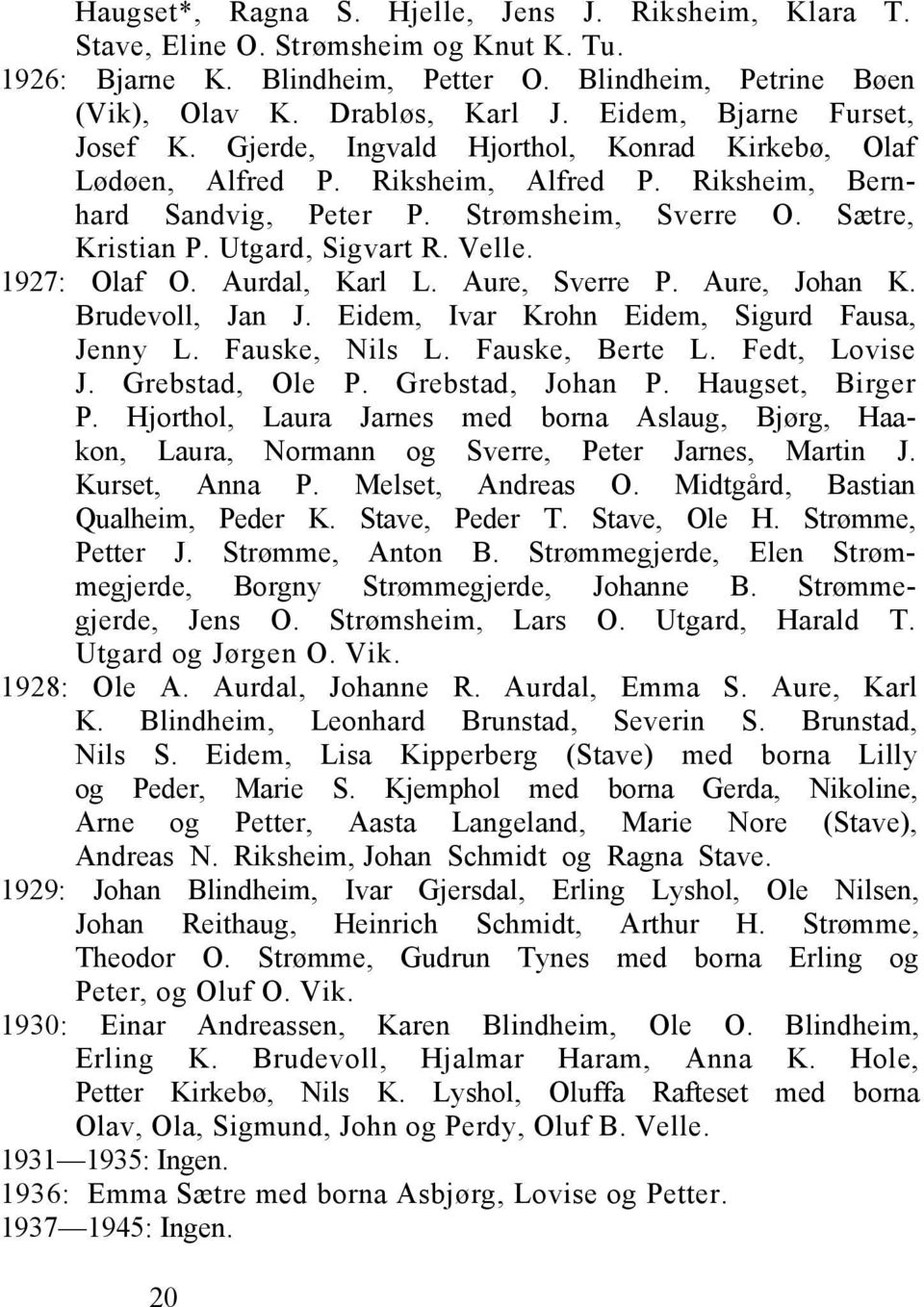 Utgard, Sigvart R. Velle. 1927: Olaf O. Aurdal, Karl L. Aure, Sverre P. Aure, Johan K. Brudevoll, Jan J. Eidem, Ivar Krohn Eidem, Sigurd Fausa, Jenny L. Fauske, Nils L. Fauske, Berte L.