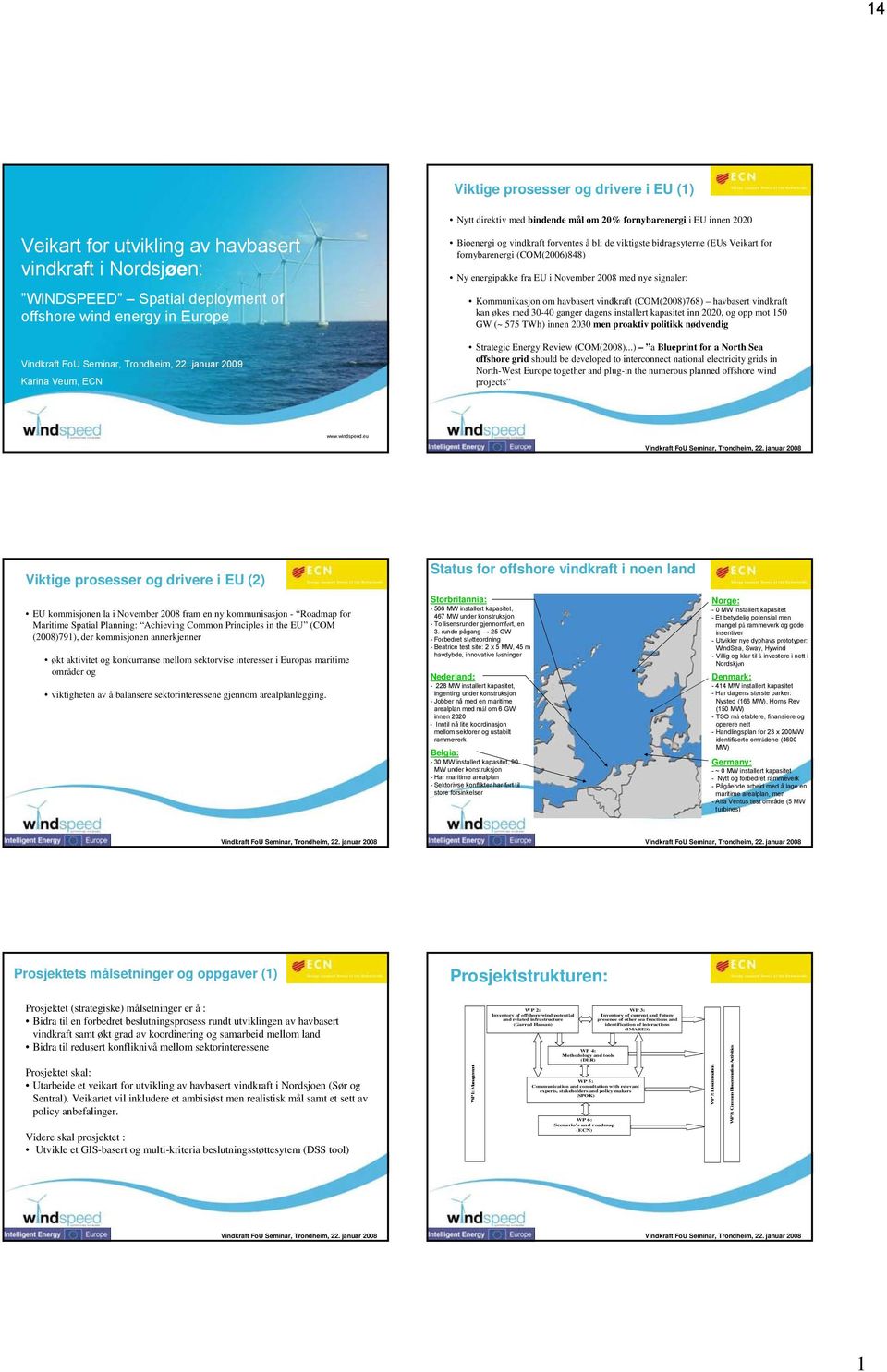 (COM(2006)848) Ny energipakke fra EU i November 2008 med nye signaler: Kommunikasjon om havbasert vindkraft (COM(2008)768) havbasert vindkraft kan økes med 30-40 ganger dagens installert kapasitet