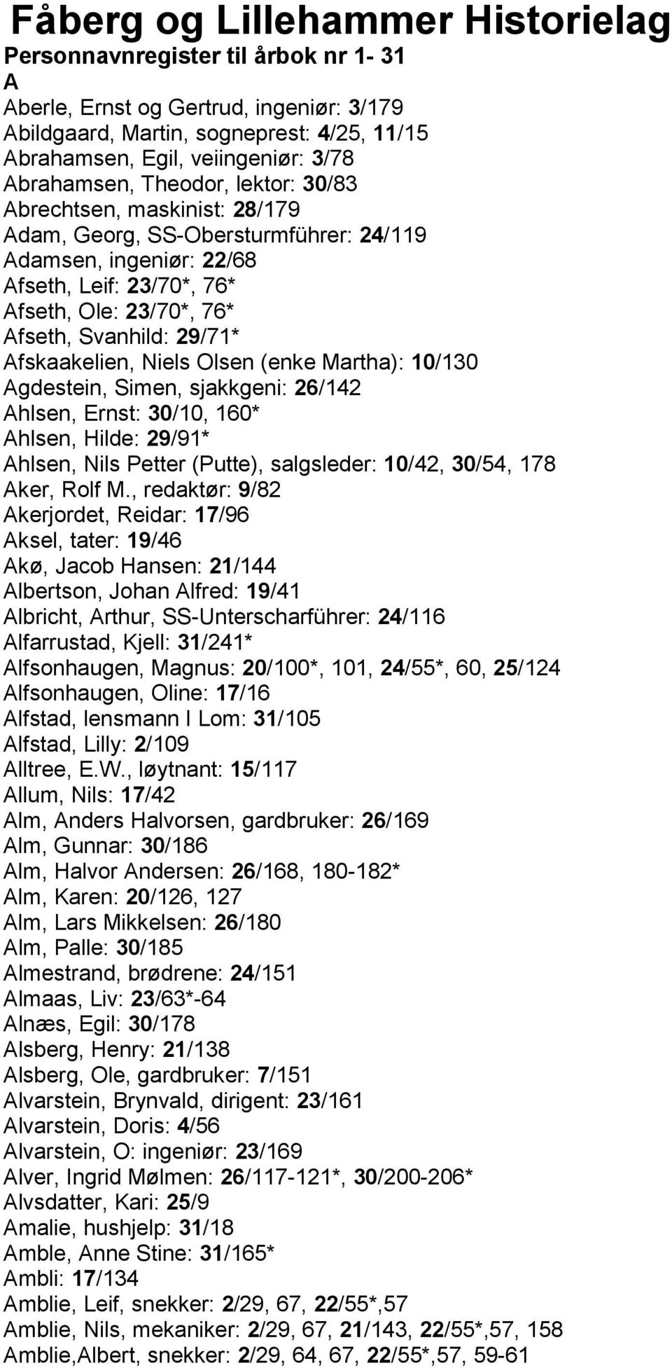 29/71* Afskaakelien, Niels Olsen (enke Martha): 10/130 Agdestein, Simen, sjakkgeni: 26/142 Ahlsen, Ernst: 30/10, 160* Ahlsen, Hilde: 29/91* Ahlsen, Nils Petter (Putte), salgsleder: 10/42, 30/54, 178