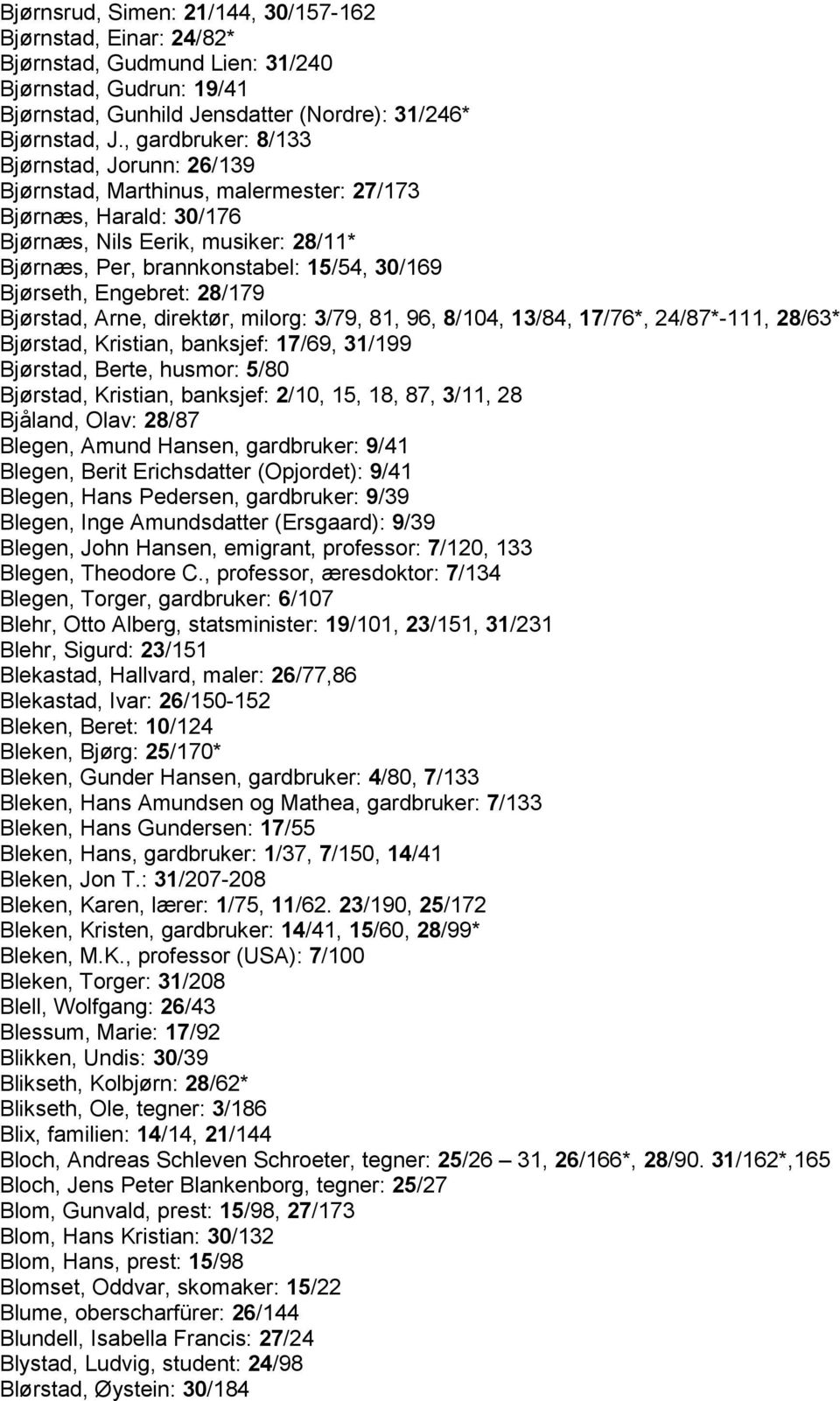 Bjørseth, Engebret: 28/179 Bjørstad, Arne, direktør, milorg: 3/79, 81, 96, 8/104, 13/84, 17/76*, 24/87*-111, 28/63* Bjørstad, Kristian, banksjef: 17/69, 31/199 Bjørstad, Berte, husmor: 5/80 Bjørstad,