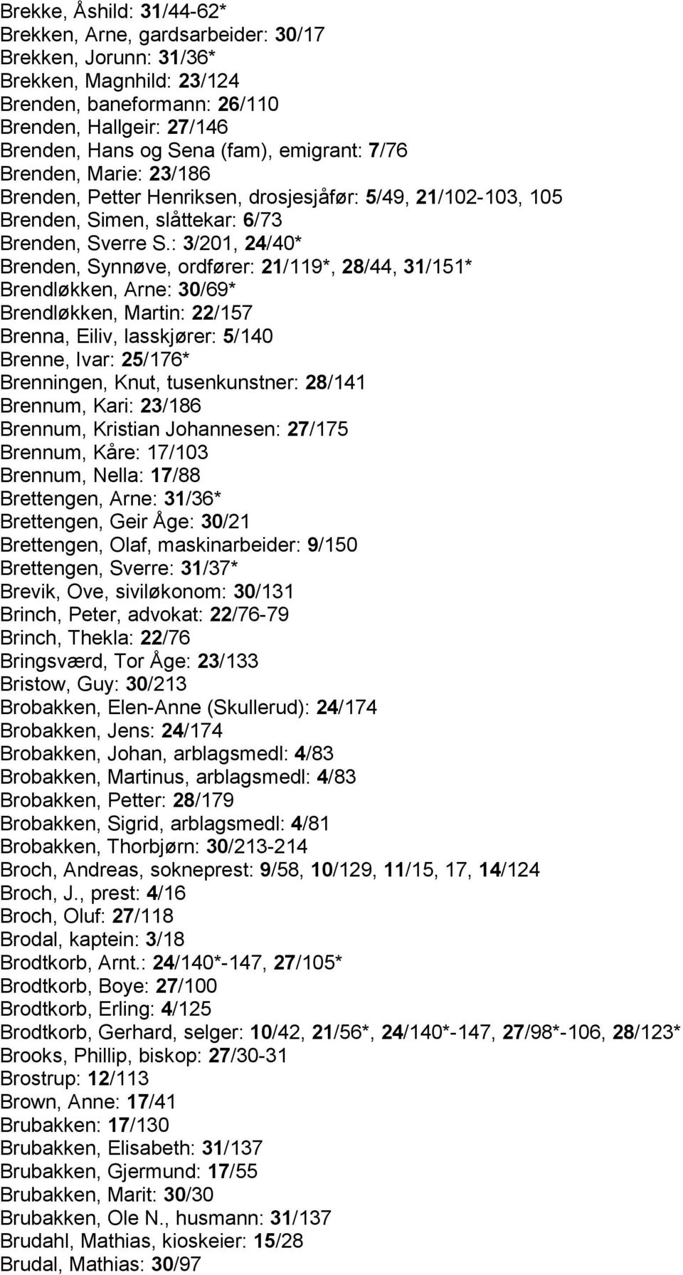 : 3/201, 24/40* Brenden, Synnøve, ordfører: 21/119*, 28/44, 31/151* Brendløkken, Arne: 30/69* Brendløkken, Martin: 22/157 Brenna, Eiliv, lasskjører: 5/140 Brenne, Ivar: 25/176* Brenningen, Knut,