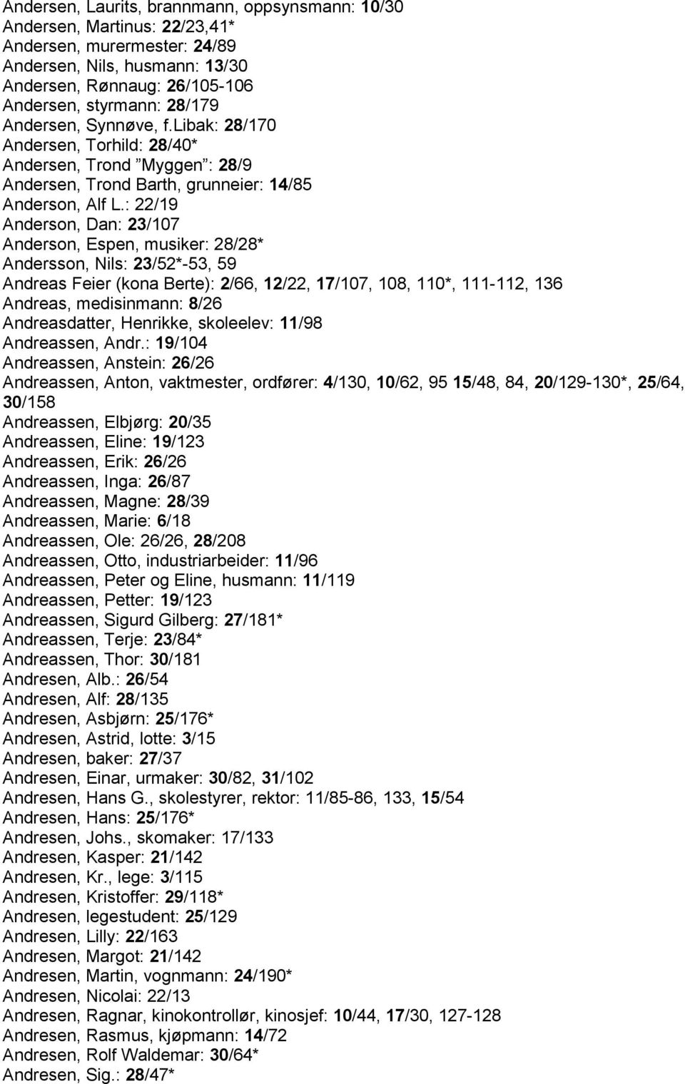 : 22/19 Anderson, Dan: 23/107 Anderson, Espen, musiker: 28/28* Andersson, Nils: 23/52*-53, 59 Andreas Feier (kona Berte): 2/66, 12/22, 17/107, 108, 110*, 111-112, 136 Andreas, medisinmann: 8/26