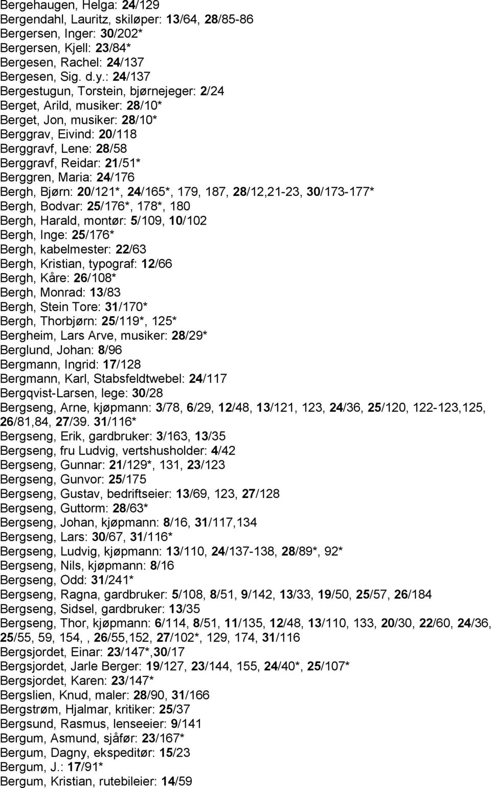 Maria: 24/176 Bergh, Bjørn: 20/121*, 24/165*, 179, 187, 28/12,21-23, 30/173-177* Bergh, Bodvar: 25/176*, 178*, 180 Bergh, Harald, montør: 5/109, 10/102 Bergh, Inge: 25/176* Bergh, kabelmester: 22/63
