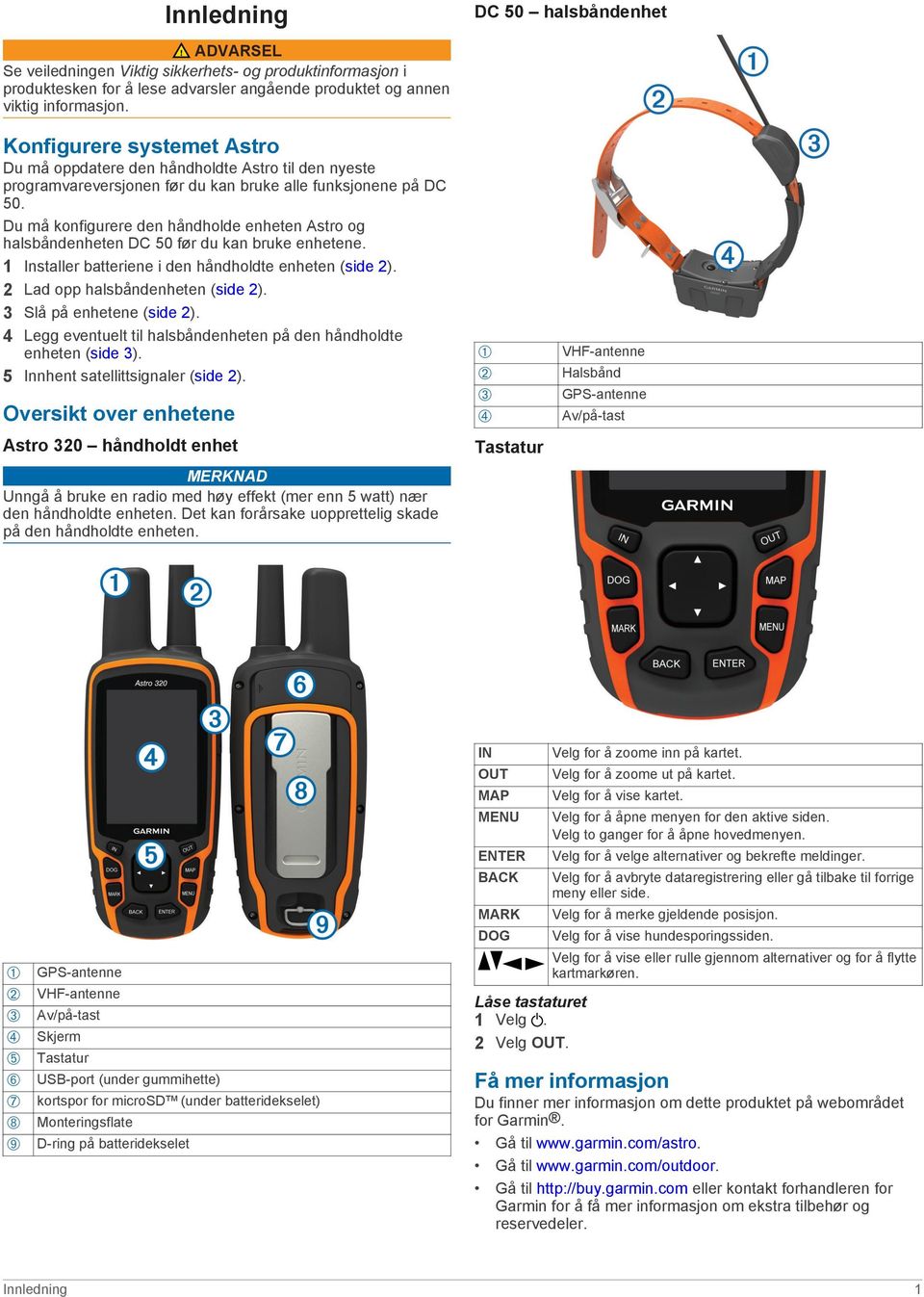 Du må konfigurere den håndholde enheten Astro og halsbåndenheten DC 50 før du kan bruke enhetene. 1 Installer batteriene i den håndholdte enheten (side 2). 2 Lad opp halsbåndenheten (side 2).