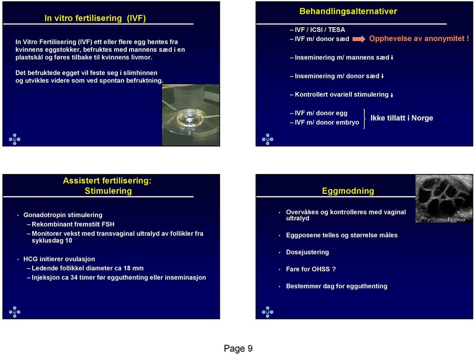 Behandlingsalternativer IVF / ICSI / TESA IVF m/ donor sæd Inseminering m/ mannens sæd Inseminering m/ donor sæd Opphevelse av anonymitet!