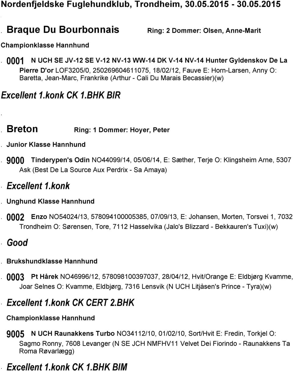 Breton Ring: 1 Dommer: Hoyer, Peter Junior Klasse Hannhund 9000 Tinderypen's Odin NO44099/14, 05/06/14, E: Sæther, Terje O: Klingsheim Arne, 5307 Ask (Best De La Source Aux Perdrix - Sa Amaya)