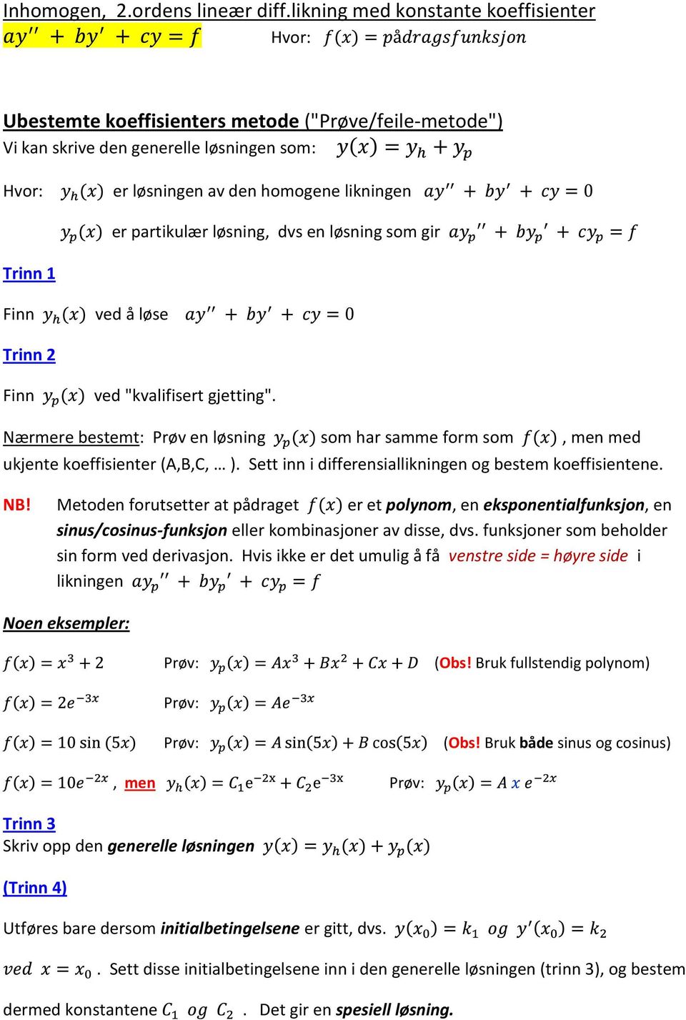 løsning, dvs en løsning som gir Trinn 1 Finn ved å løse Trinn 2 Finn ved "kvalifisert gjetting". Nærmere bestemt: Prøv en løsning som har samme form som, men med ukjente koeffisienter (A,B,C, ).