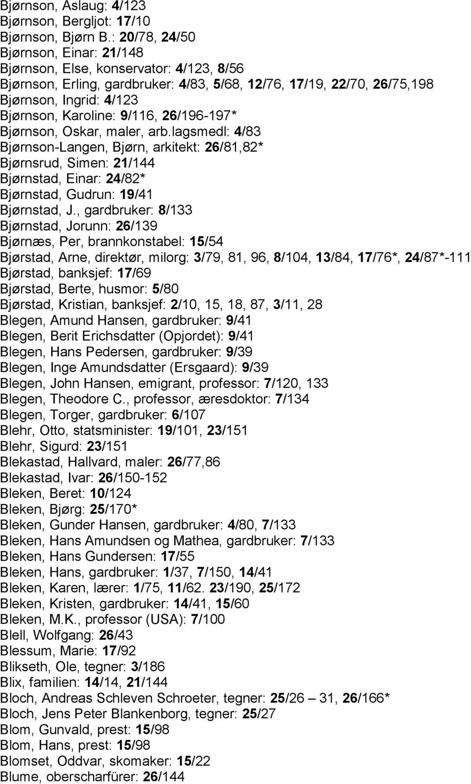 9/116, 26/196-197* Bjørnson, Oskar, maler, arb.lagsmedl: 4/83 Bjørnson-Langen, Bjørn, arkitekt: 26/81,82* Bjørnsrud, Simen: 21/144 Bjørnstad, Einar: 24/82* Bjørnstad, Gudrun: 19/41 Bjørnstad, J.