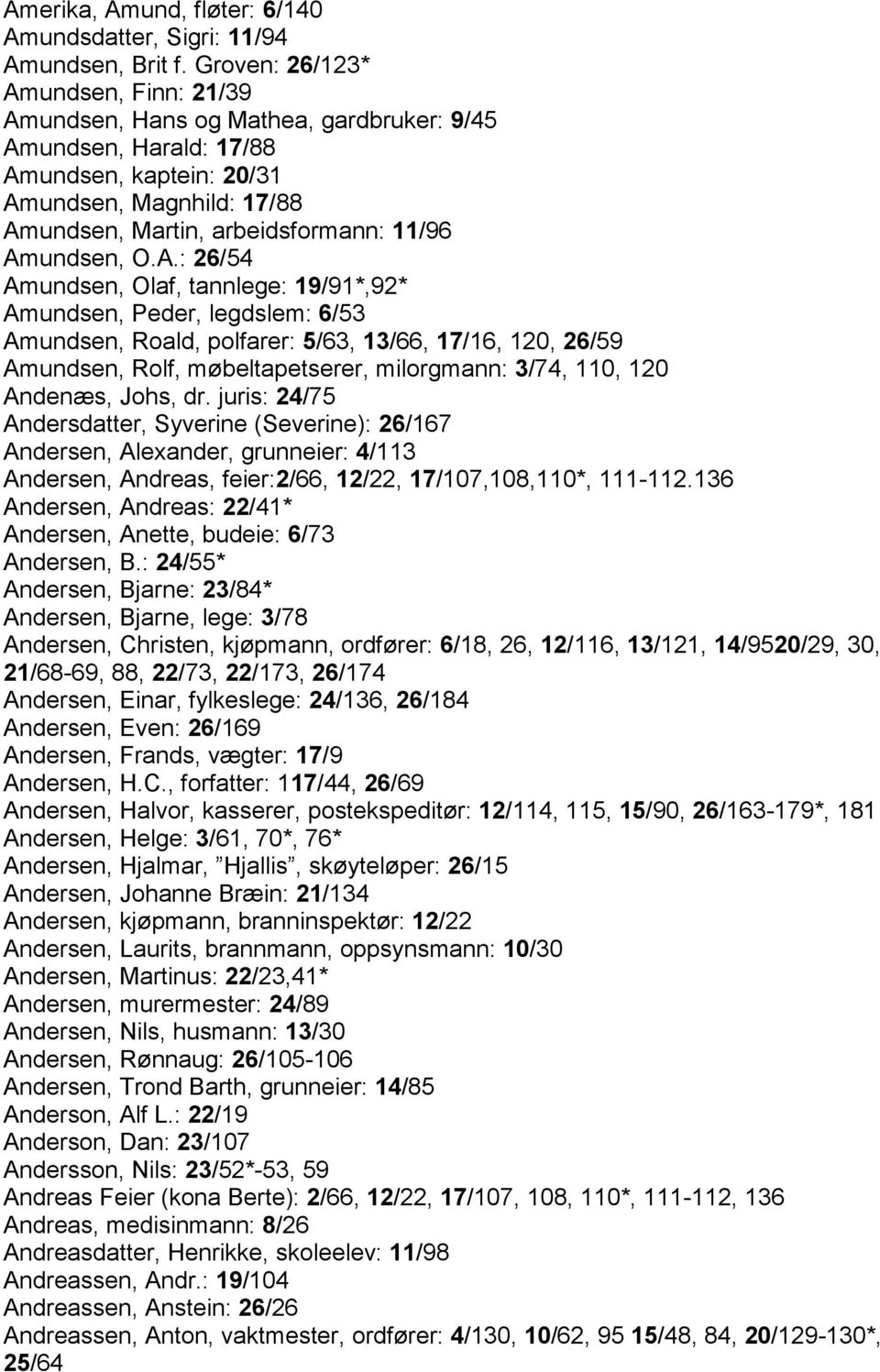 Amundsen, O.A.: 26/54 Amundsen, Olaf, tannlege: 19/91*,92* Amundsen, Peder, legdslem: 6/53 Amundsen, Roald, polfarer: 5/63, 13/66, 17/16, 120, 26/59 Amundsen, Rolf, møbeltapetserer, milorgmann: 3/74,