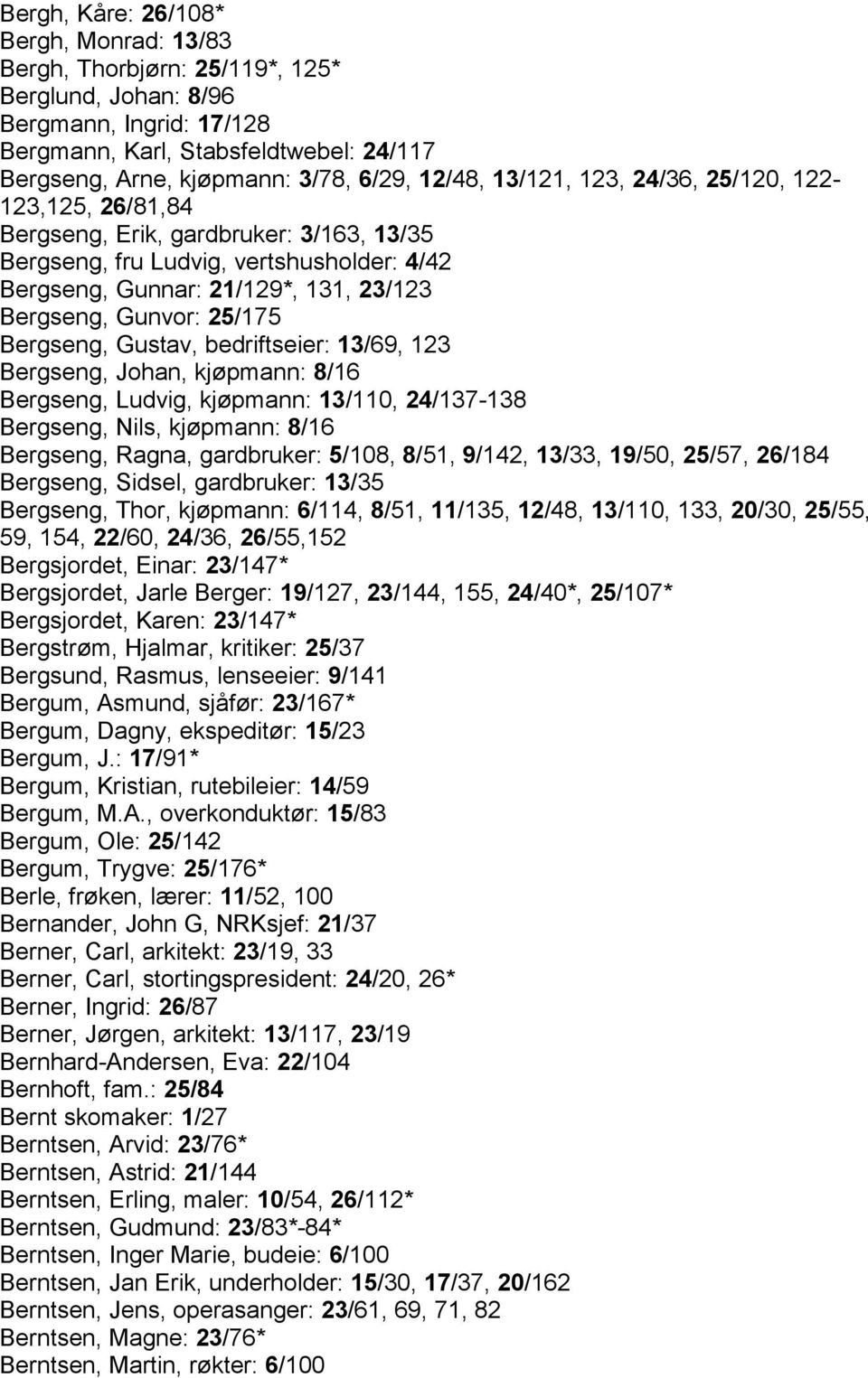 25/175 Bergseng, Gustav, bedriftseier: 13/69, 123 Bergseng, Johan, kjøpmann: 8/16 Bergseng, Ludvig, kjøpmann: 13/110, 24/137-138 Bergseng, Nils, kjøpmann: 8/16 Bergseng, Ragna, gardbruker: 5/108,