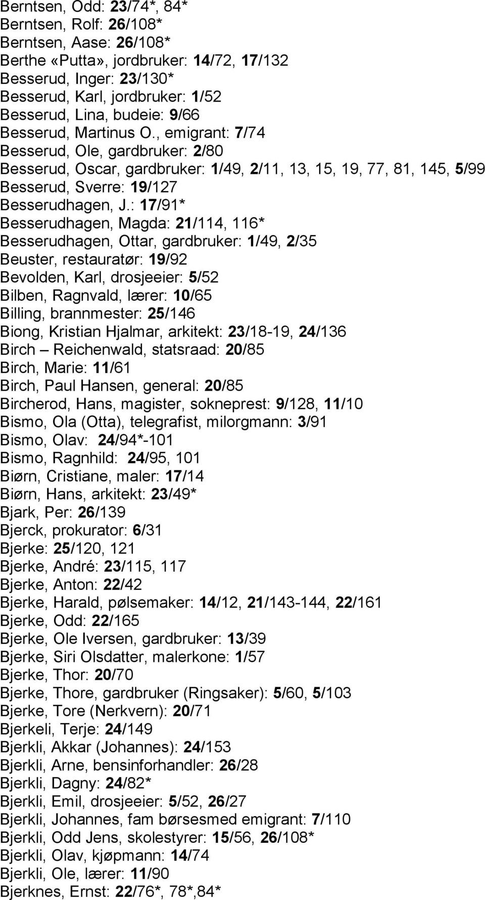 : 17/91* Besserudhagen, Magda: 21/114, 116* Besserudhagen, Ottar, gardbruker: 1/49, 2/35 Beuster, restauratør: 19/92 Bevolden, Karl, drosjeeier: 5/52 Bilben, Ragnvald, lærer: 10/65 Billing,