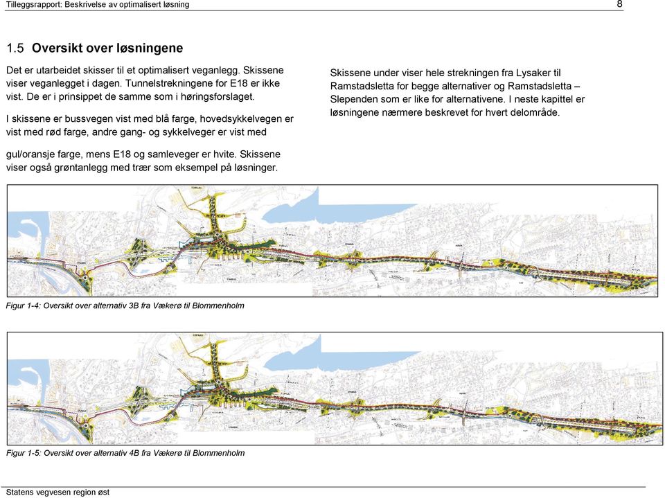 I skissene er bussvegen vist med blå farge, hovedsykkelvegen er vist med rød farge, andre gang- og sykkelveger er vist med Skissene under viser hele strekningen fra Lysaker til Ramstadsletta for