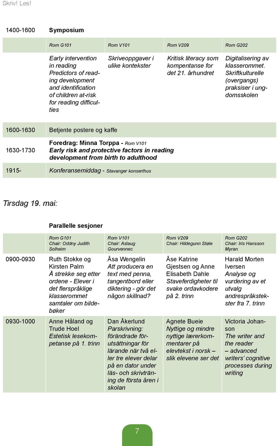 Skriftkulturelle (overgangs) praksiser i ungdomsskolen 1600-1630 Betjente postere og kaffe 1630-1730 Foredrag: Minna Torppa - Rom V101 Early risk and protective factors in reading development from