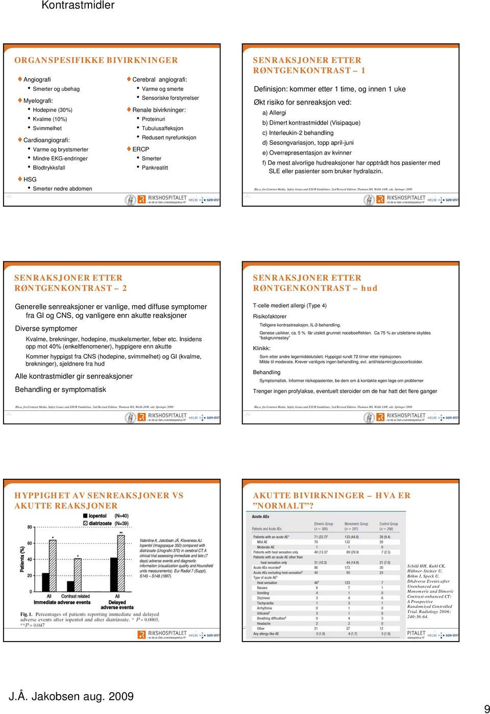 RØNTGENKONTRAST 1 Definisjon: kommer etter 1 time, og innen 1 uke Økt risiko for senreaksjon ved: a) Allergi b) Dimert kontrastmiddel (Visipaque) c) Interleukin-2 behandling d) Sesongvariasjon, topp