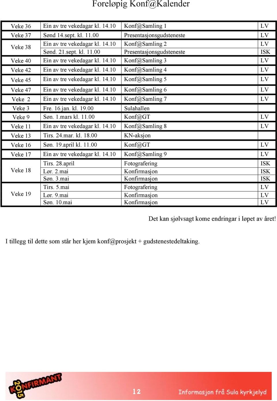 14.10 Konf@Samling 6 LV Veke 2 Ein av tre vekedagar kl. 14.10 Konf@Samling 7 LV Veke 3 Fre. 16.jan. kl. 19.00 Sulahallen Veke 9 Søn. 1.mars kl. 11.00 Konf@GT LV Veke 11 Ein av tre vekedagar kl. 14.10 Konf@Samling 8 LV Veke 13 Tirs.