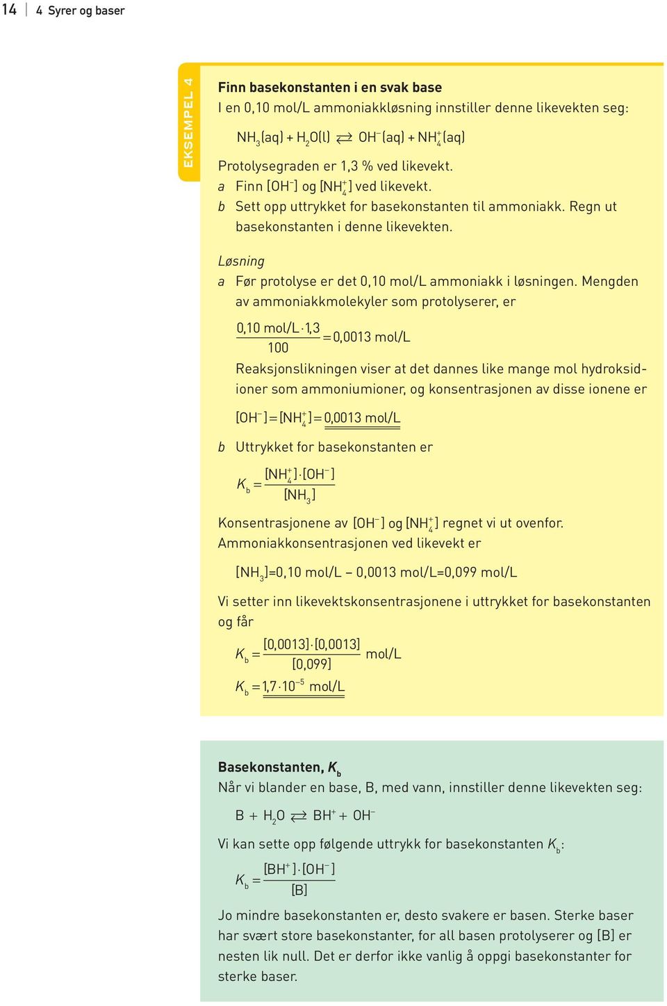 Løsning a av ammoniakkmolekyler som protolyserer, er 010, mol/l 1, = 0, 001 mol/l 100 Reaksjonslikningen viser at det dannes like mange mol hydroksidioner som ammoniumioner, og konsentrasjonen av