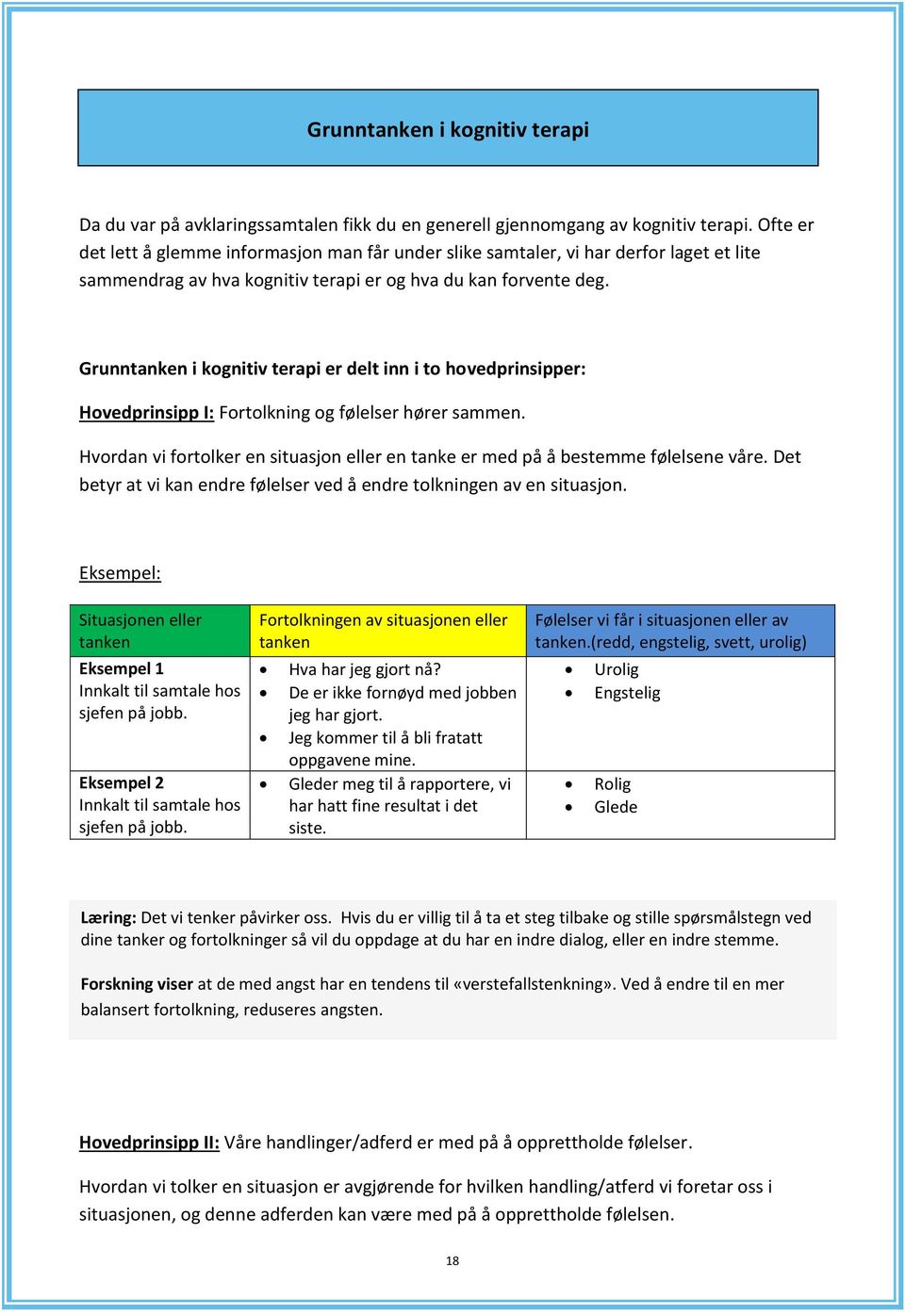 Grunntanken i kognitiv terapi er delt inn i to hovedprinsipper: Hovedprinsipp I: Fortolkning og følelser hører sammen.