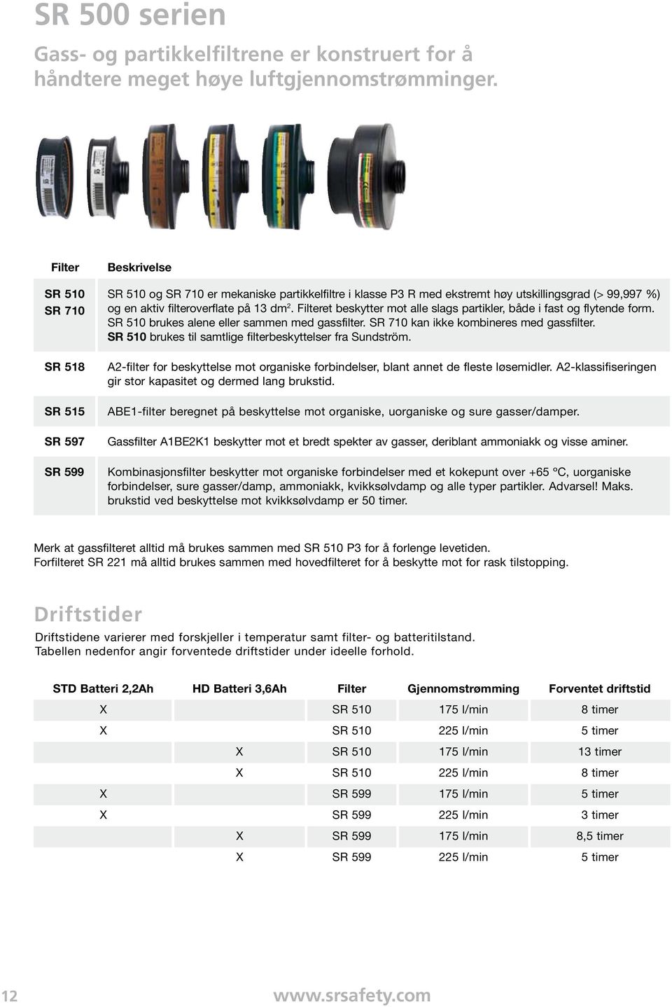 13 dm 2. Filteret beskytter mot alle slags partikler, både i fast og flytende form. SR 510 brukes alene eller sammen med gassfilter. SR 710 kan ikke kombineres med gassfilter.