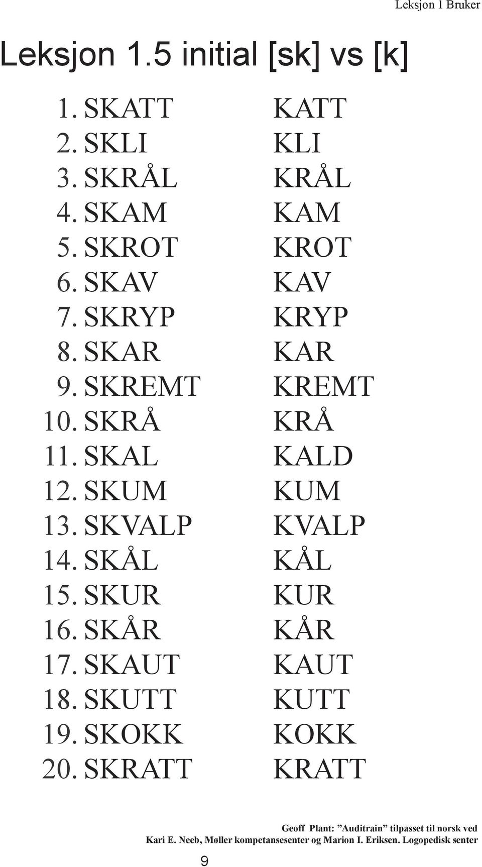 SKATT SKLI SKRÅL SKAM SKROT SKAV SKRYP SKAR SKREMT SKRÅ SKAL SKUM SKVALP SKÅL SKUR