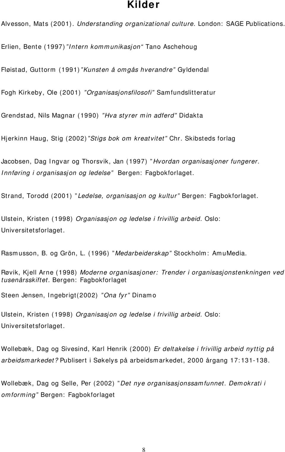 Magnar (1990) Hva styrer min adferd Didakta Hjerkinn Haug, Stig (2002) Stigs bok om kreatvitet Chr. Skibsteds forlag Jacobsen, Dag Ingvar og Thorsvik, Jan (1997) Hvordan organisasjoner fungerer.