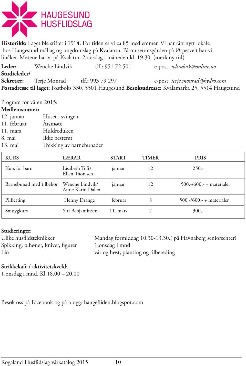 : 993 79 297 e-post: terje.monrad@hydro.com Postadresse til laget: Postboks 330, 5501 Haugesund Besøksadresse: Kvalamarka 25, 5514 Haugesund Program for våren 2015: Medlemsmøter: 12.