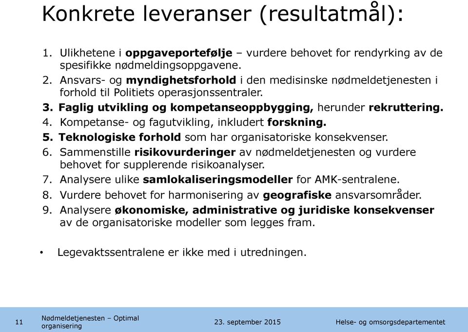 Kompetanse- og fagutvikling, inkludert forskning. 5. Teknologiske forhold som har organisatoriske konsekvenser. 6.