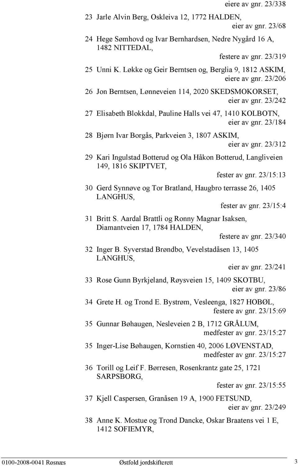 23/242 27 Elisabeth Blokkdal, Pauline Halls vei 47, 1410 KOLBOTN, eier av gnr. 23/184 28 Bjørn Ivar Borgås, Parkveien 3, 1807 ASKIM, eier av gnr.