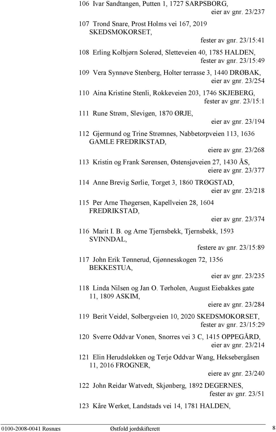 23/254 110 Aina Kristine Stenli, Rokkeveien 203, 1746 SKJEBERG, fester av gnr. 23/15:1 111 Rune Strøm, Slevigen, 1870 ØRJE, eier av gnr.