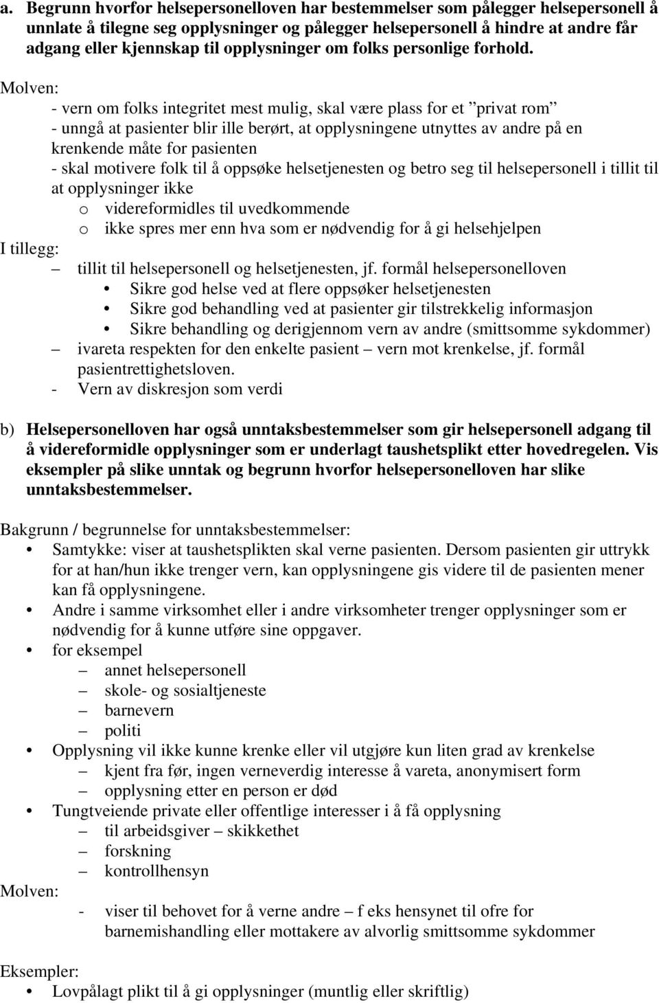 Molven: - vern om folks integritet mest mulig, skal være plass for et privat rom - unngå at pasienter blir ille berørt, at opplysningene utnyttes av andre på en krenkende måte for pasienten - skal