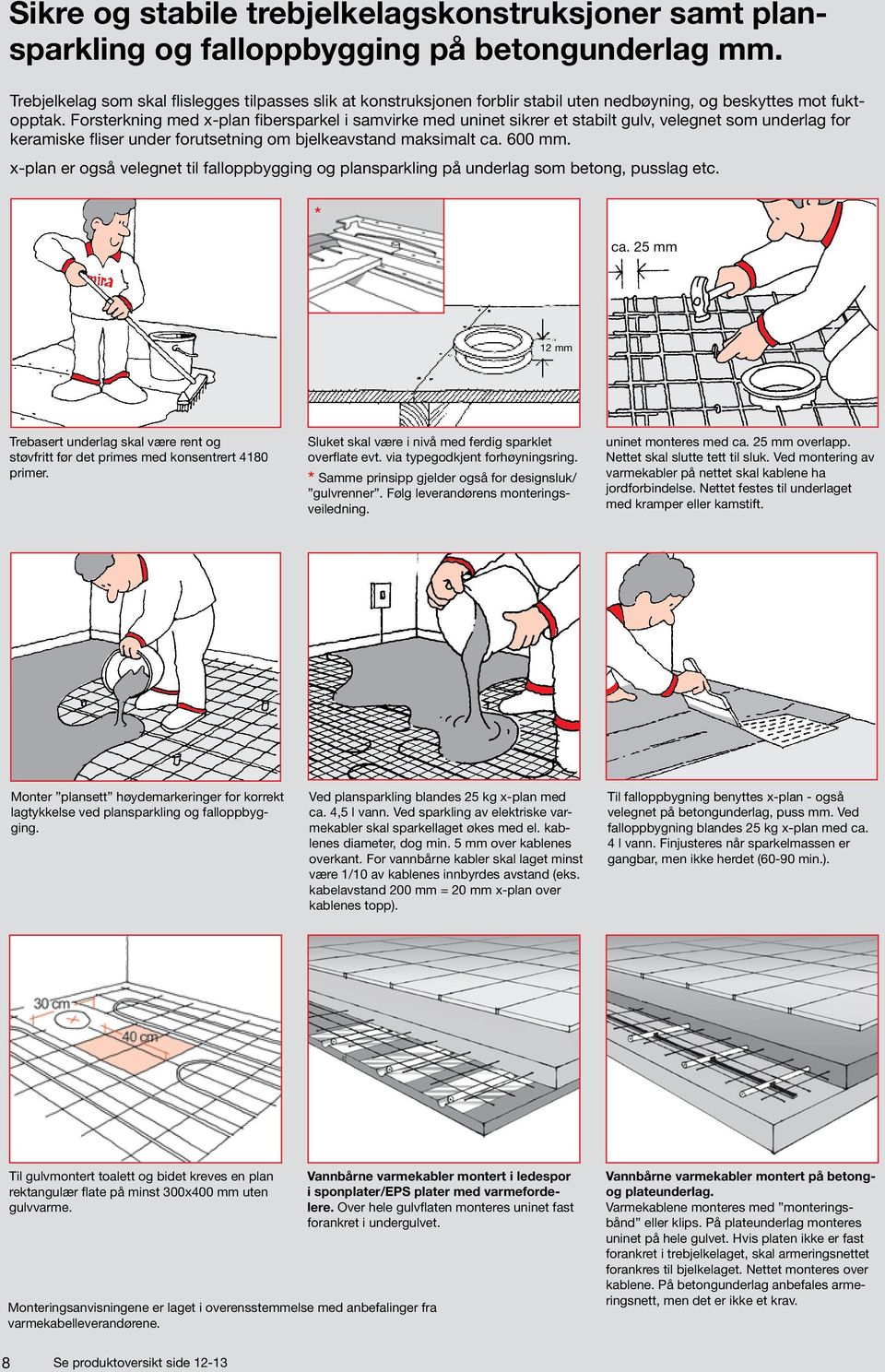 Forsterkning med x-plan fibersparkel i samvirke med uninet sikrer et stabilt gulv, velegnet som underlag for keramiske fliser under forutsetning om bjelkeavstand maksimalt ca. 600 mm.