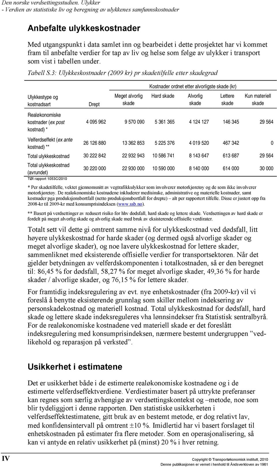 anbefalte verdier for tap av liv og helse som følge av ulykker i transport som vist i tabellen under. Tabell S.