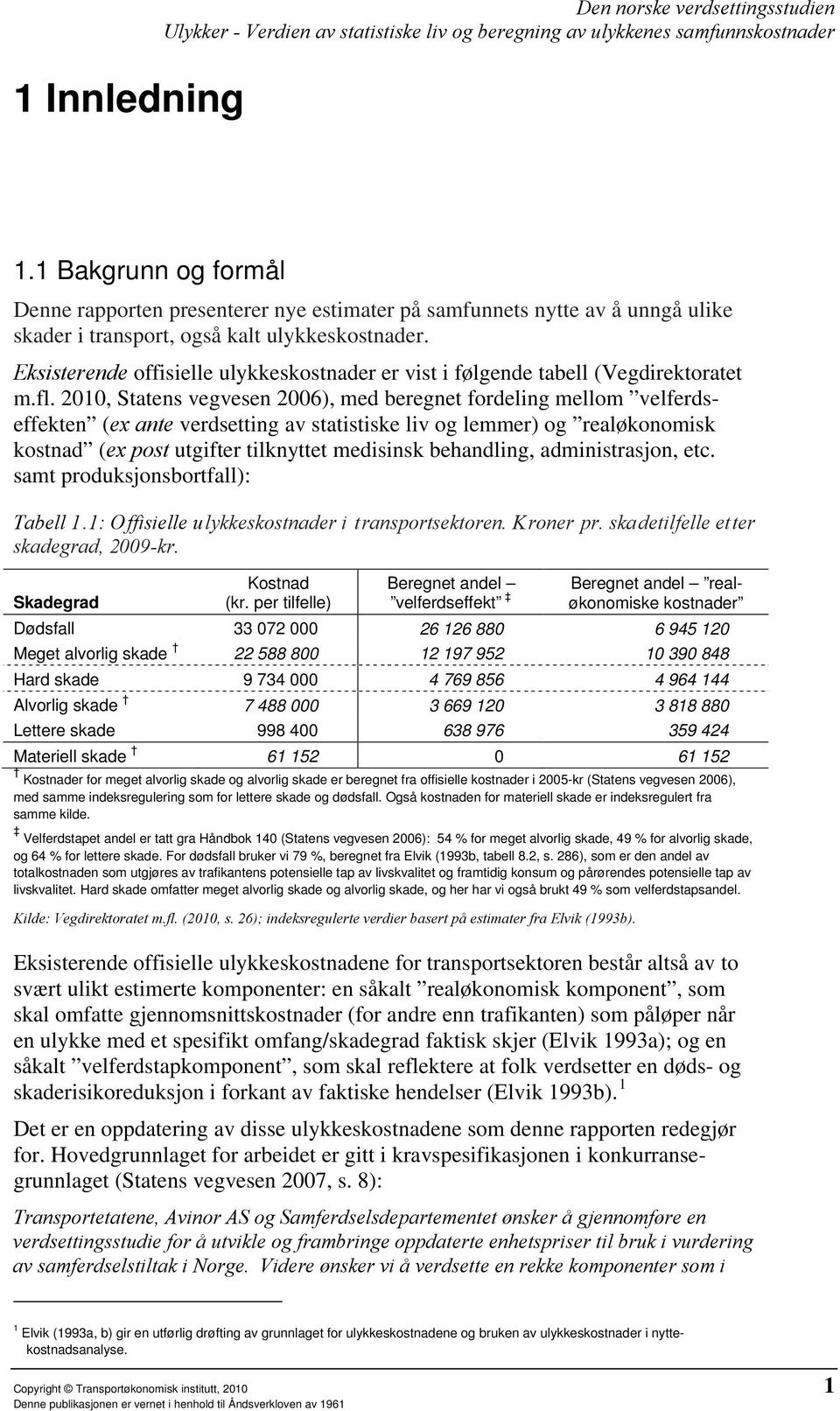 Eksisterende offisielle ulykkeskostnader er vist i følgende tabell (Vegdirektoratet m.fl.