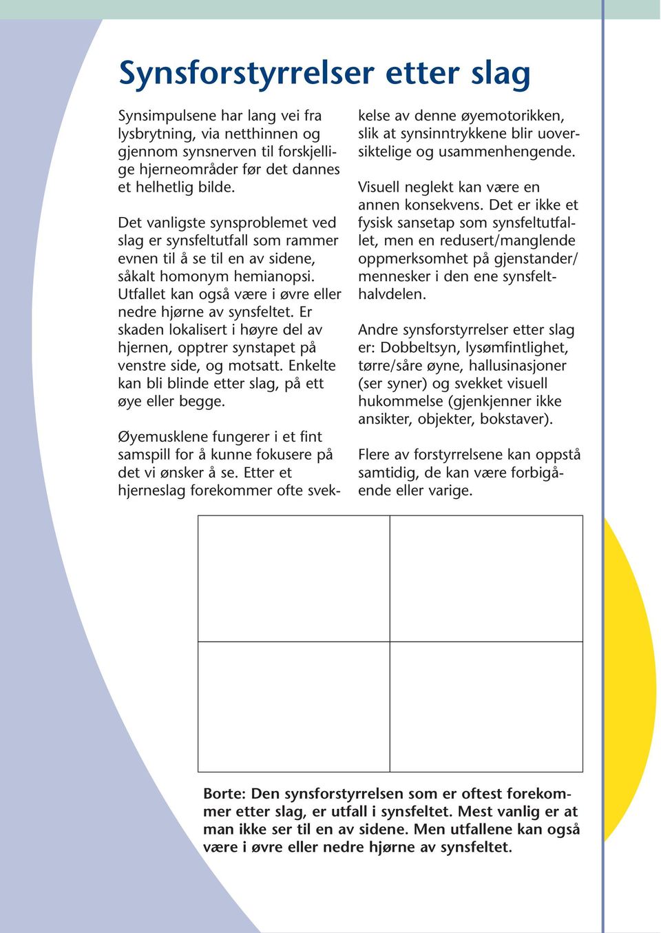 Er skaden lokalisert i høyre del av hjernen, opptrer synstapet på venstre side, og motsatt. Enkelte kan bli blinde etter slag, på ett øye eller begge.