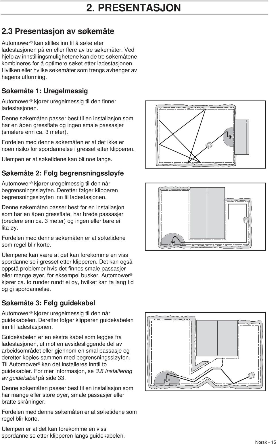 Søkemåte 1: Uregelmessig Automower kjører uregelmessig til den finner ladestasjonen.