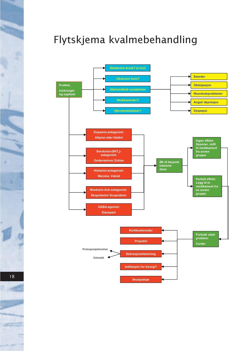 Dyspepsi Dopamin-antagonist: Afipran eller Haldol Serotonin-(5HT 3 )- antagonist: Ondansetron/ Zofran Histamin-antagonist: Marzine, Valoid Muskarin-Ack-antagonist: Skopolamin/