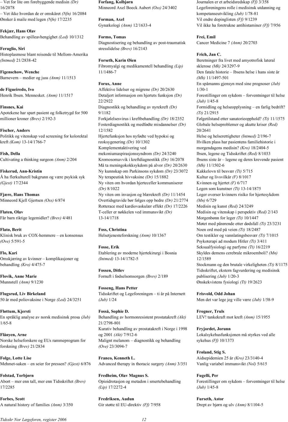 (Anm) 11/1517 Finsnes, Kai Apotekene har spart pasient og folketrygd for 500 millioner kroner (Brev) 2/192-3 Fischer, Anders Politikk og vitenskap ved screening for kolorektal kreft (Kom)