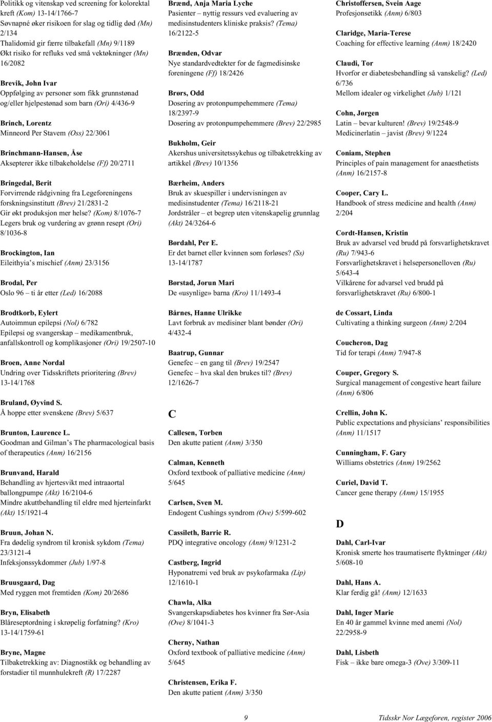 Brinchmann-Hansen, Åse Aksepterer ikke tilbakeholdelse (Ff) 20/2711 Bringedal, Berit Forvirrende rådgivning fra Legeforeningens forskningsinstitutt (Brev) 21/2831-2 Gir økt produksjon mer helse?