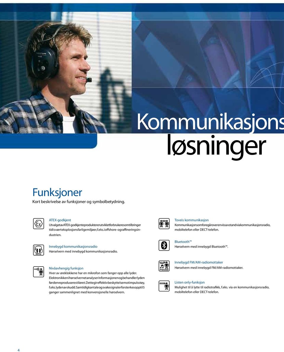 Innebygd kommunikasjonsradio Hørselvern med innebygd kommunikasjonsradio. Toveis kommunikasjon Kommunikasjon som foregår over en viss avstand via kommunikasjonsradio, mobiltelefon eller DECT-telefon.