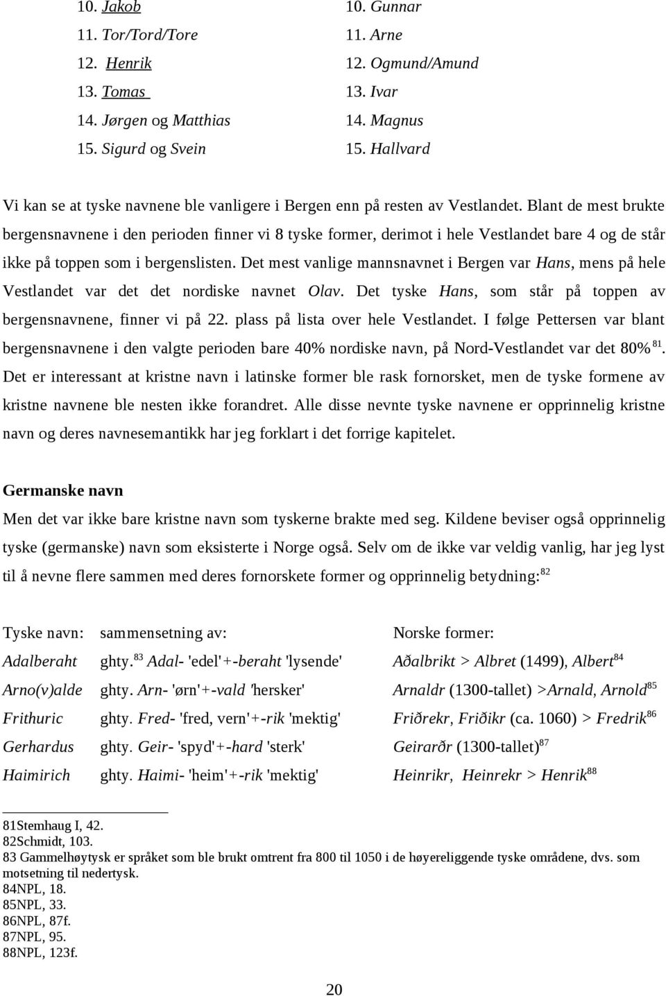 Blant de mest brukte bergensnavnene i den perioden finner vi 8 tyske former, derimot i hele Vestlandet bare 4 og de står ikke på toppen som i bergenslisten.