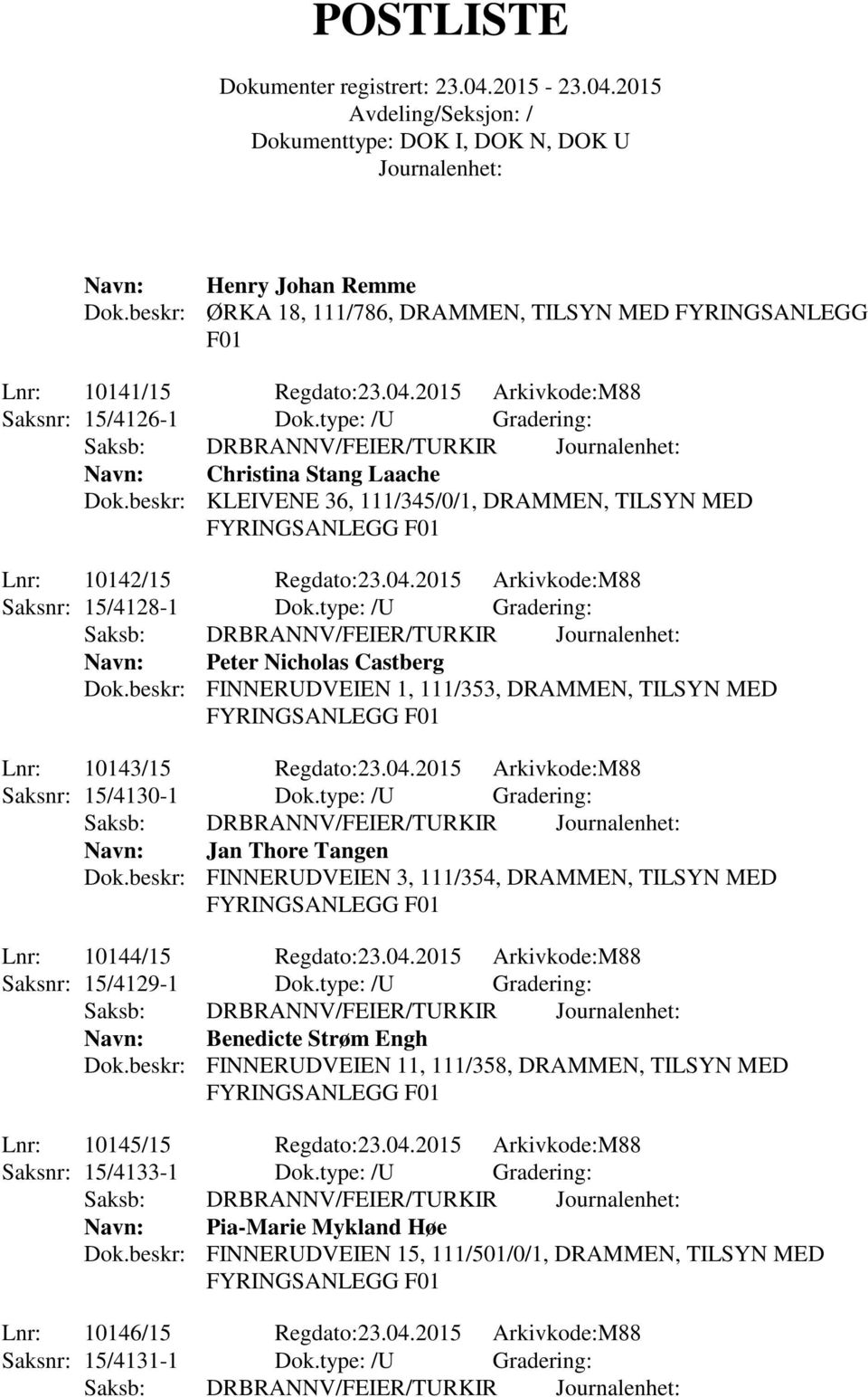 type: /U Gradering: Navn: Peter Nicholas Castberg Dok.beskr: FINNERUDVEIEN 1, 111/353, DRAMMEN, TILSYN MED Lnr: 10143/15 Regdato:23.04.2015 Arkivkode:M88 Saksnr: 15/4130-1 Dok.