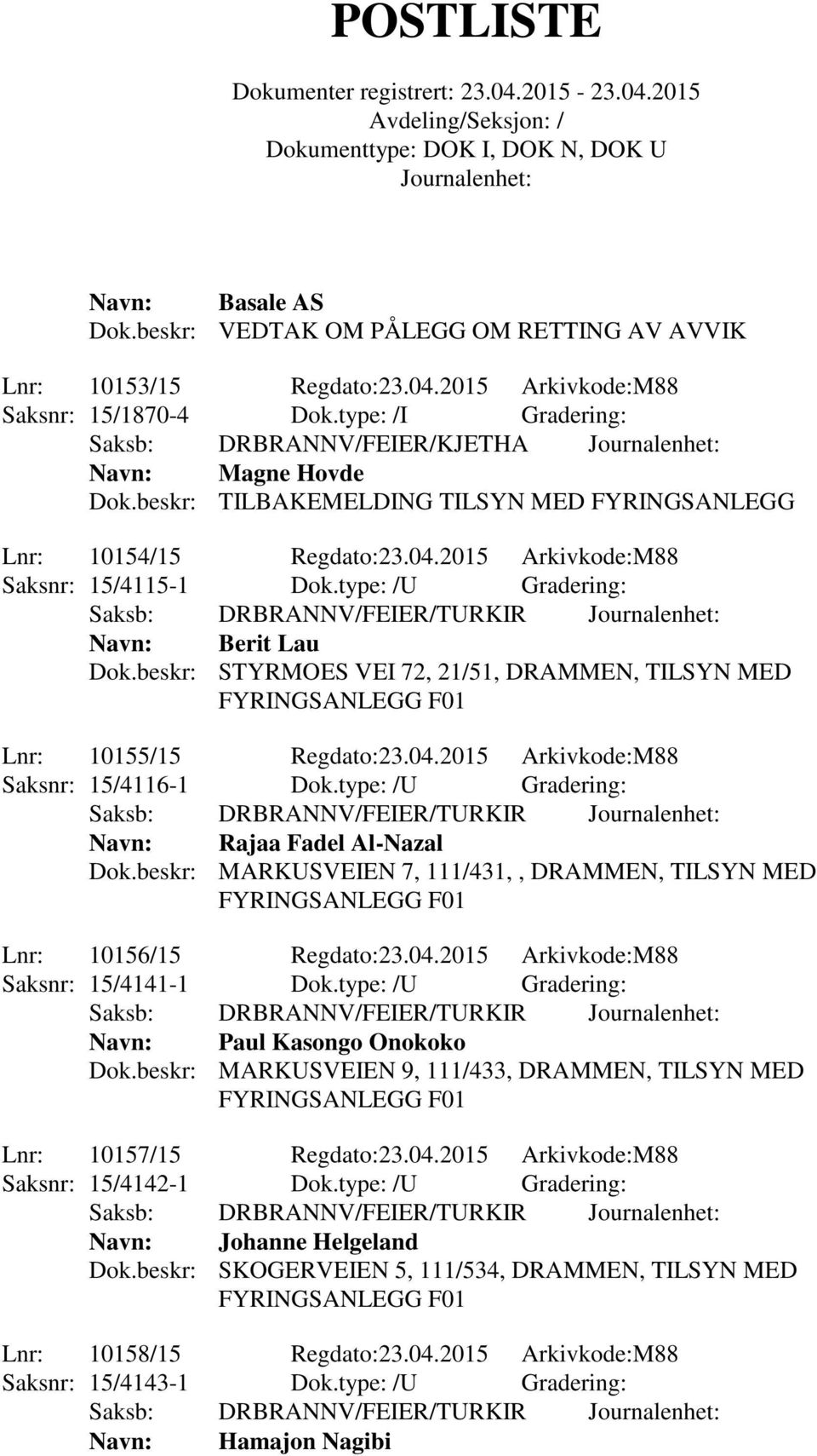 type: /U Gradering: Navn: Berit Lau Dok.beskr: STYRMOES VEI 72, 21/51, DRAMMEN, TILSYN MED Lnr: 10155/15 Regdato:23.04.2015 Arkivkode:M88 Saksnr: 15/4116-1 Dok.