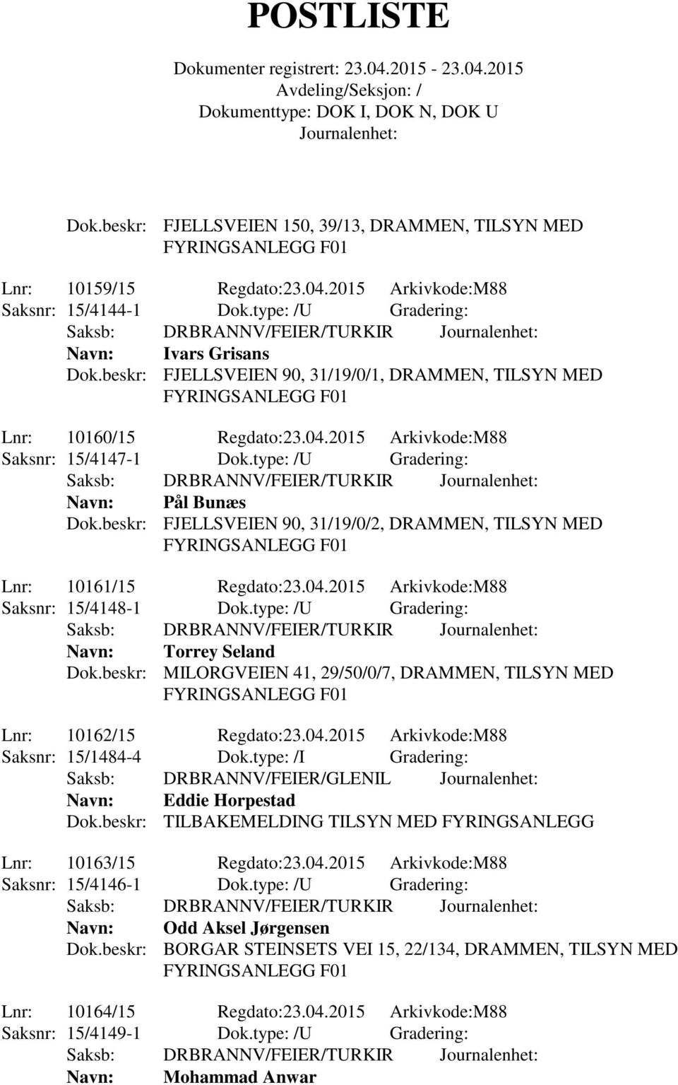 beskr: FJELLSVEIEN 90, 31/19/0/2, DRAMMEN, TILSYN MED Lnr: 10161/15 Regdato:23.04.2015 Arkivkode:M88 Saksnr: 15/4148-1 Dok.type: /U Gradering: Navn: Torrey Seland Dok.