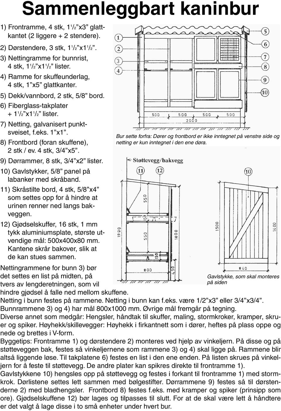 8) Frontbord (foran skuffene), 2 stk / ev. 4 stk, 3/4 x5. 9) Dørrammer, 8 stk, 3/4 x2 lister. 10) Gavlstykker, 5/8 panel på labanker med skråband.