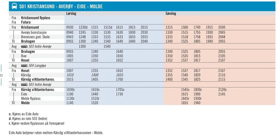 Skole 0943 1248 1333 1533 1633 1833 2033 1333 1518 1758 1933 2048 Til Bruhagen 0955 1300 1340 1540 1640 1840 2040 1340 1525 1805 1940 2055 Avg ß 503 Indre Averøy 1300 1540 Fra Bruhagen 0955 1340 1640