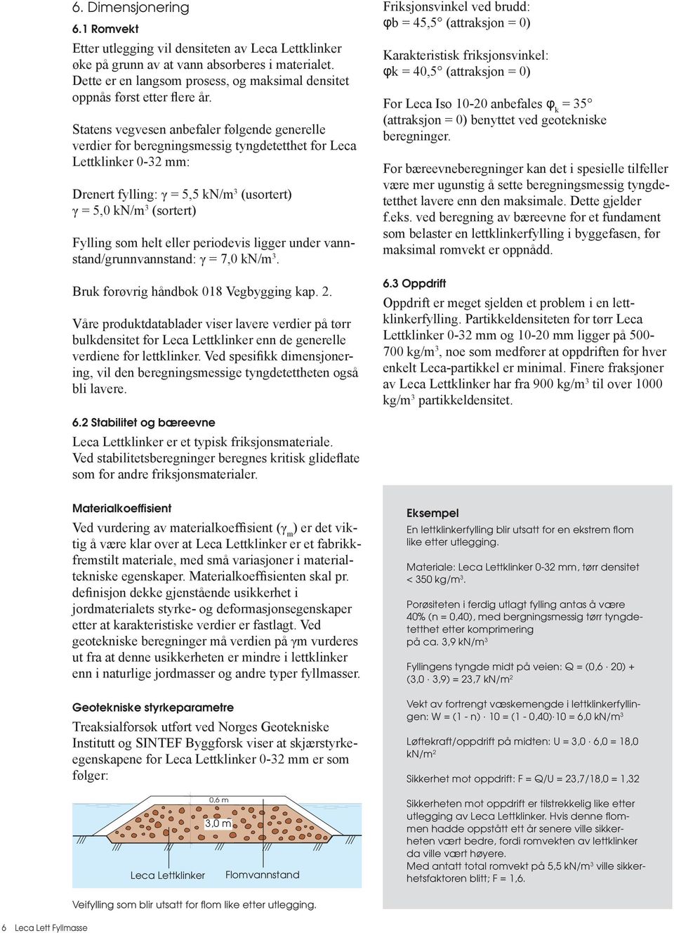 Statens vegvesen anbefaler følgende generelle verdier for beregningsmessig tyngdetetthet for Leca Lettklinker 0-32 mm: Drenert fylling: γ = 5,5 kn/m 3 (usortert) γ = 5,0 kn/m 3 (sortert) Fylling som