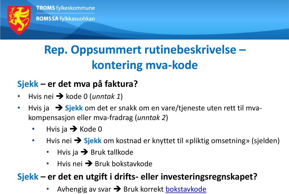 mva-fradrag (unntak 2) Hvis ja Kode 0 Hvis nei Sjekk om kostnad er knyttet til «pliktig omsetning» (sjelden) Hvis