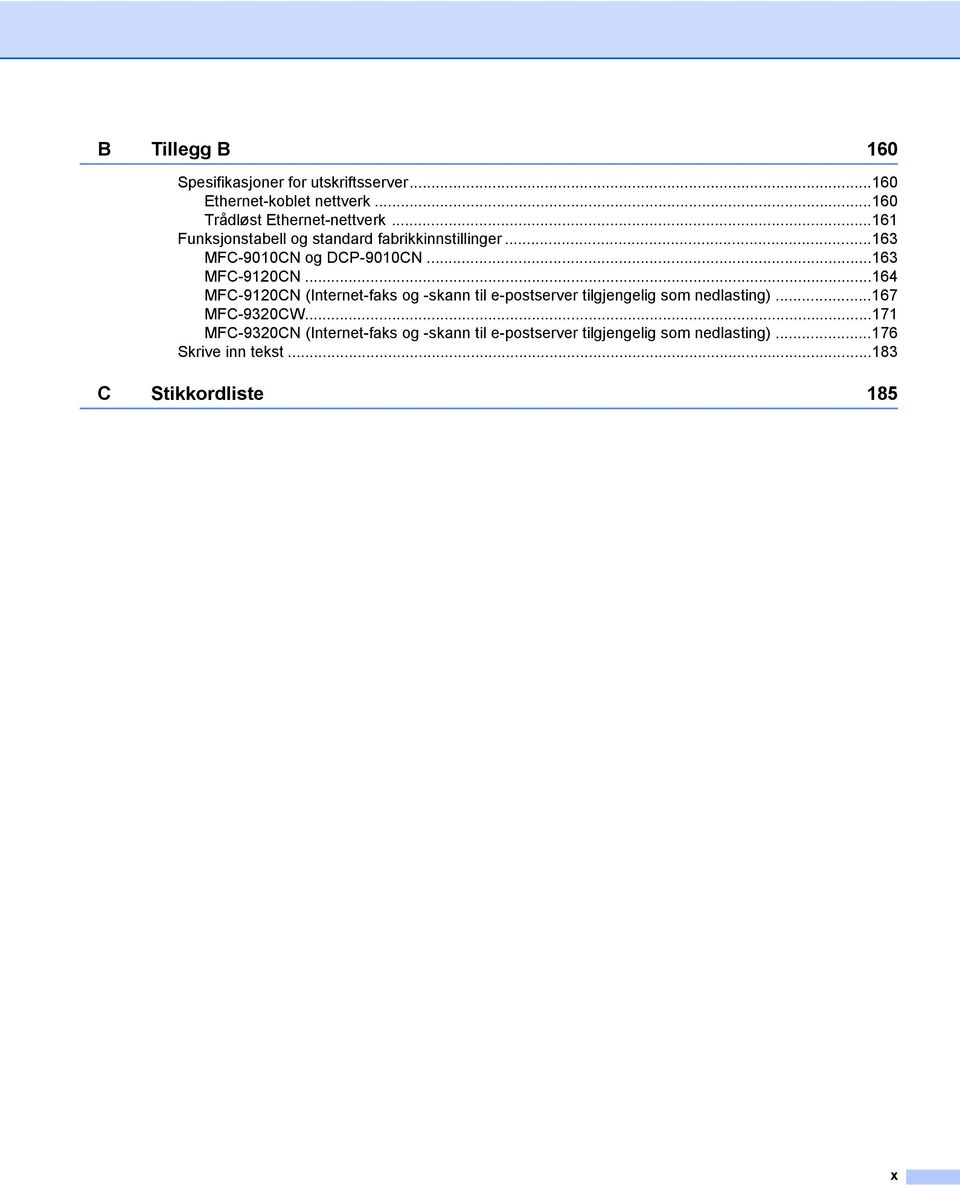 ..164 MFC-9120CN (Internet-faks og -skann til e-postserver tilgjengelig som nedlasting)...167 MFC-9320CW.