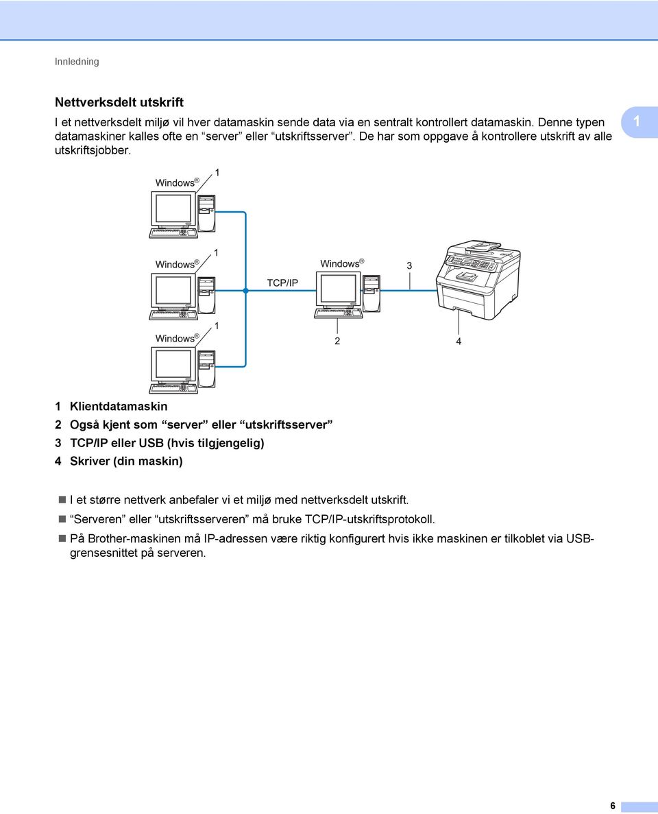 1 1 Klientdatamaskin 2 Også kjent som server eller utskriftsserver 3 TCP/IP eller USB (hvis tilgjengelig) 4 Skriver (din maskin) I et større nettverk anbefaler vi et