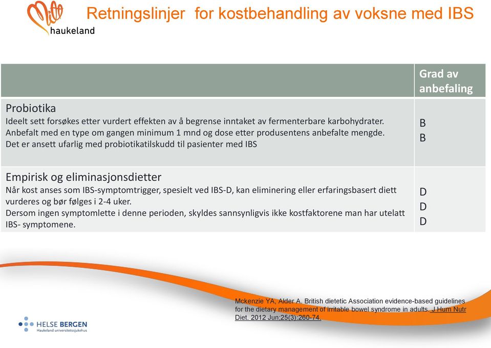 Det er ansett ufarlig med probiotikatilskudd til pasienter med IBS Grad av anbefaling B B Empirisk og eliminasjonsdietter Når kost anses som IBS-symptomtrigger, spesielt ved IBS-D, kan eliminering